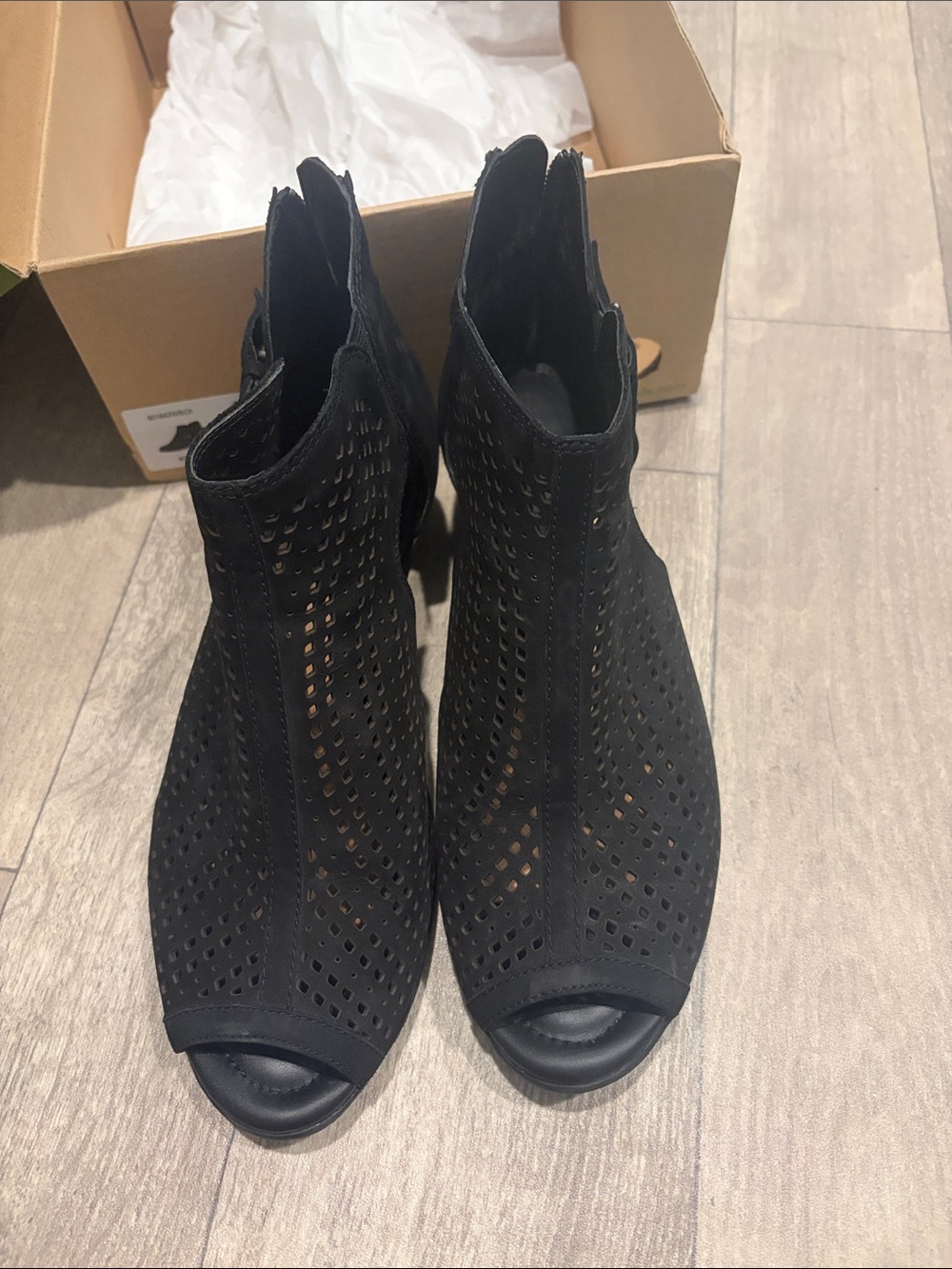 Earth Black Perforated Peep-Toe Ankle Mules